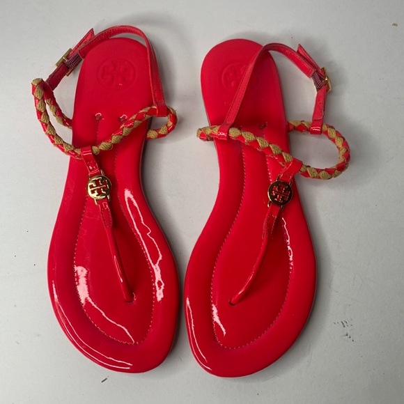 Tory Burch Shoes - Tory Burch florescent pink braided strap patent leather T-strap sandals